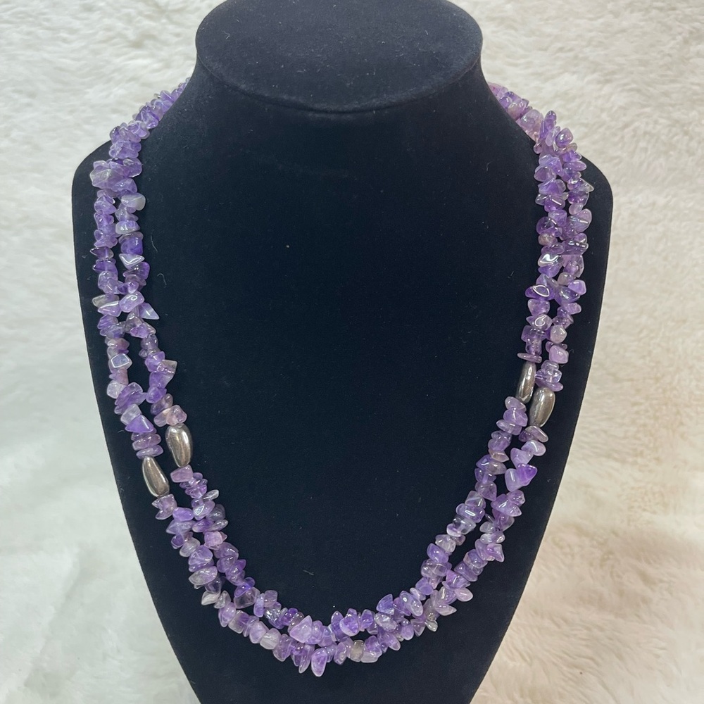 Amethyst Chip Beaded Double Strand Necklace Purple Boho Layered Stone